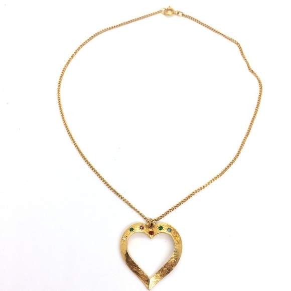 VINTAGE GOLD TONE HEART JEWEL TONE RHINESTONES NECKLACE - Picture 1 of 13